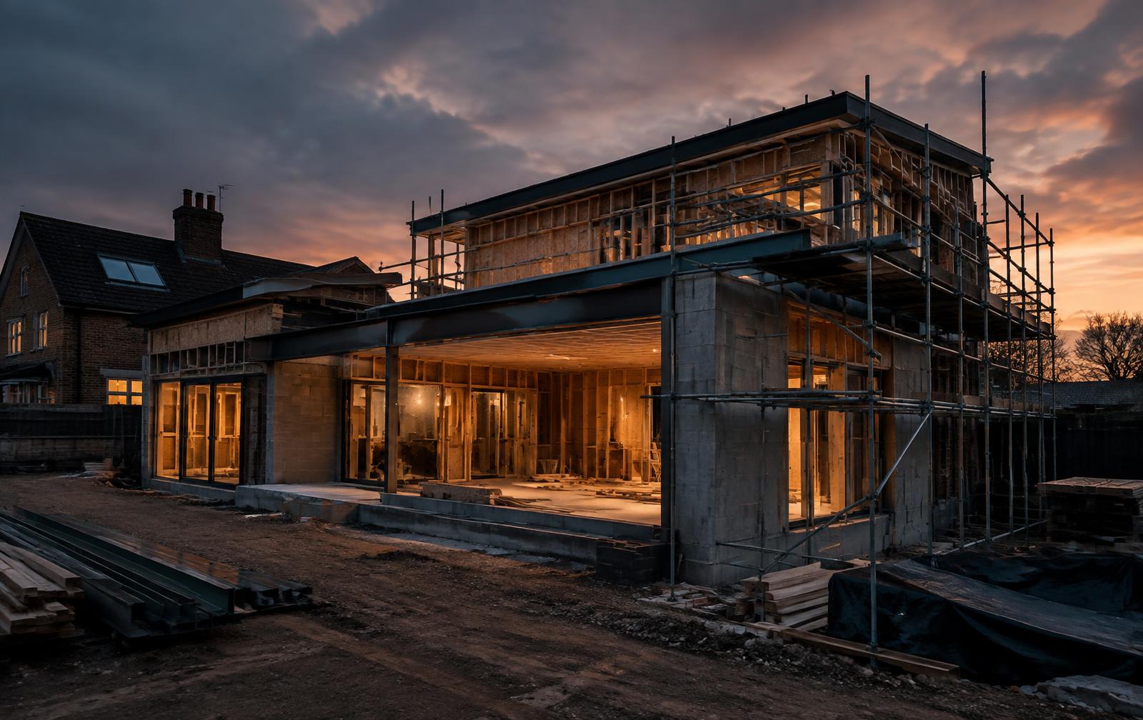Modern residential construction project under scaffolding at dusk