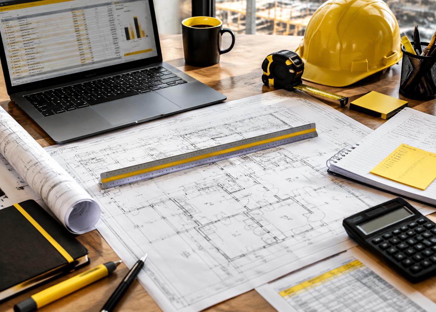 Construction plans, laptop and measuring tools on a desk